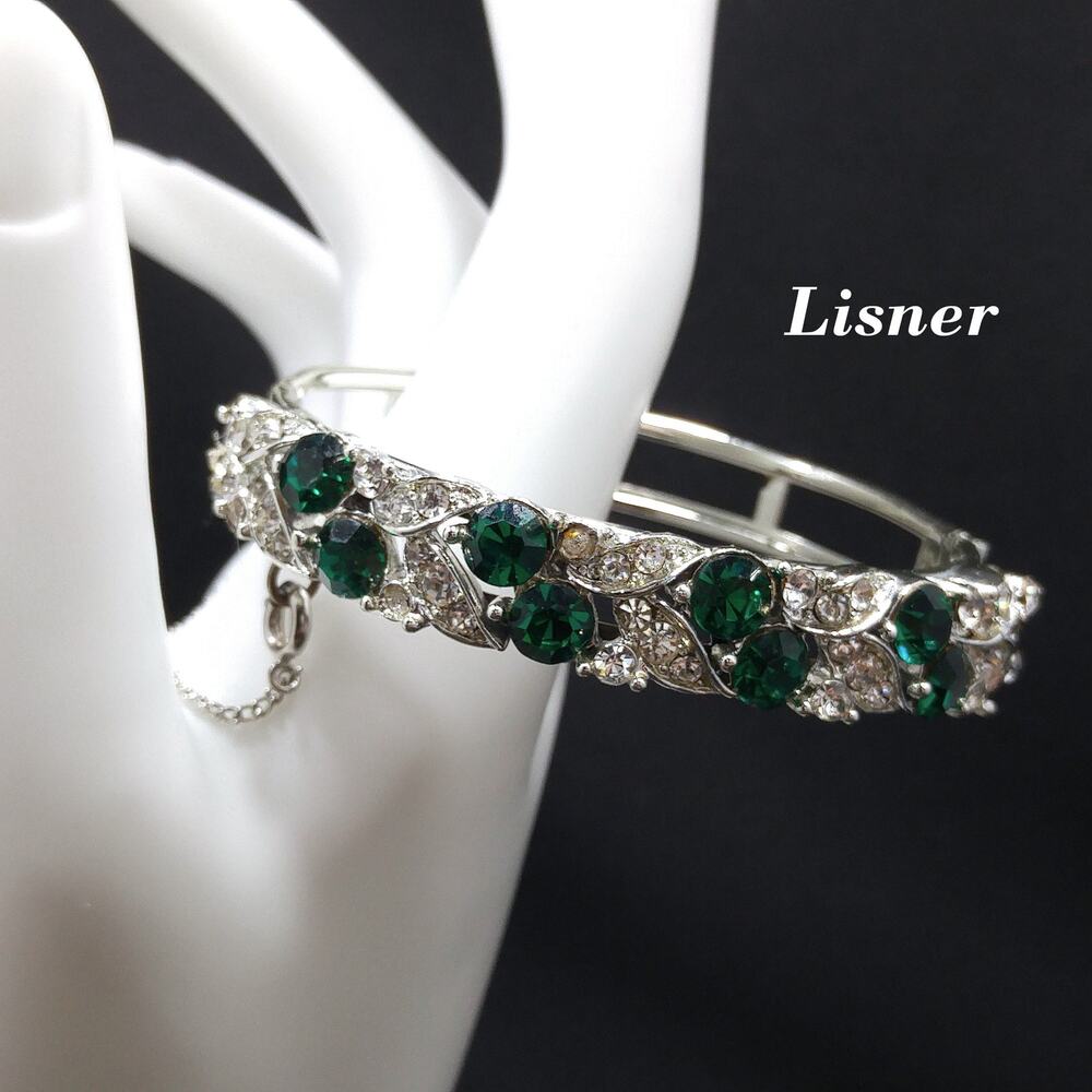 Vintage Lisner Emerald Green Rhinestone Hinged Bracelet w/ Safety Chain 1960s